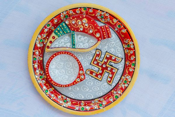 Hand-Painted Marble Pooja Thali with Swastik & Kalash Motif (Puja Thali)