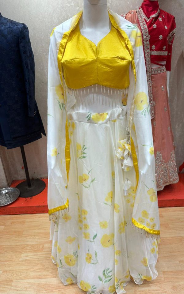 Elegant Yellow Floral Organza Lehenga Set