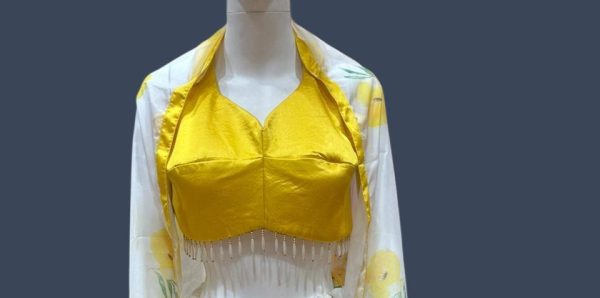 Elegant Yellow Floral Organza Lehenga Set - Image 3