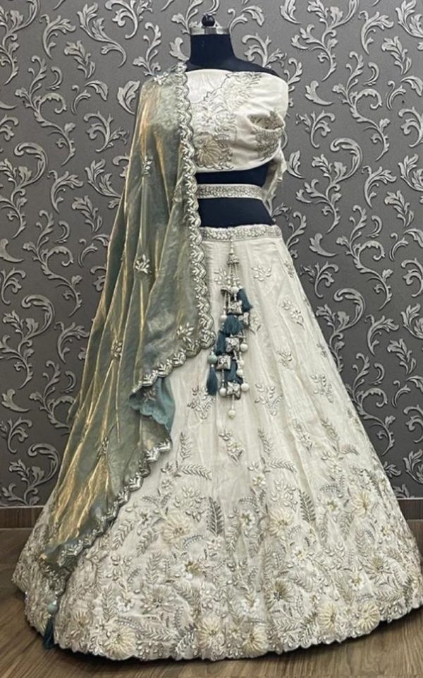 Ivory Tissue Silk Lehenga with Pitta Work & Organza Dupatta