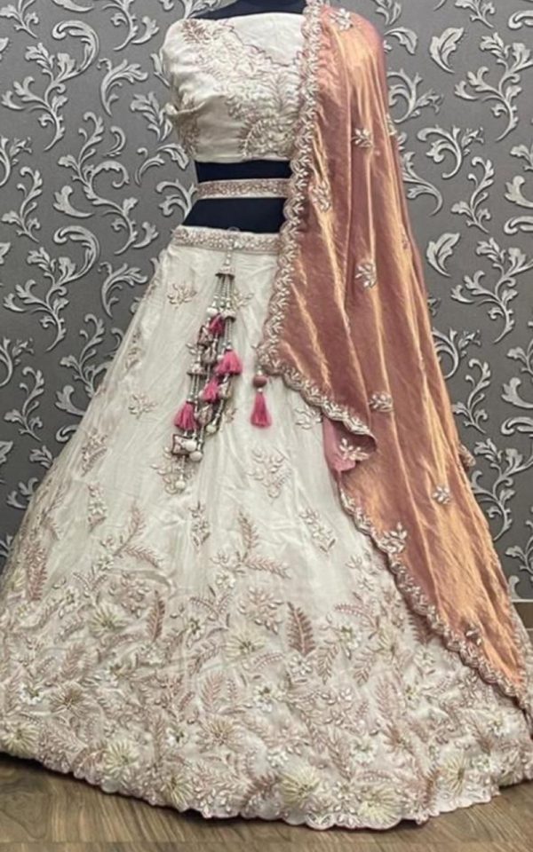 Ivory Tissue Silk Lehenga with Pitta Work & Organza Dupatta - Image 2