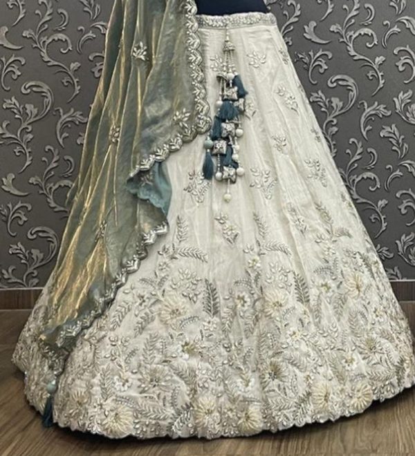 Ivory Tissue Silk Lehenga with Pitta Work & Organza Dupatta - Image 3